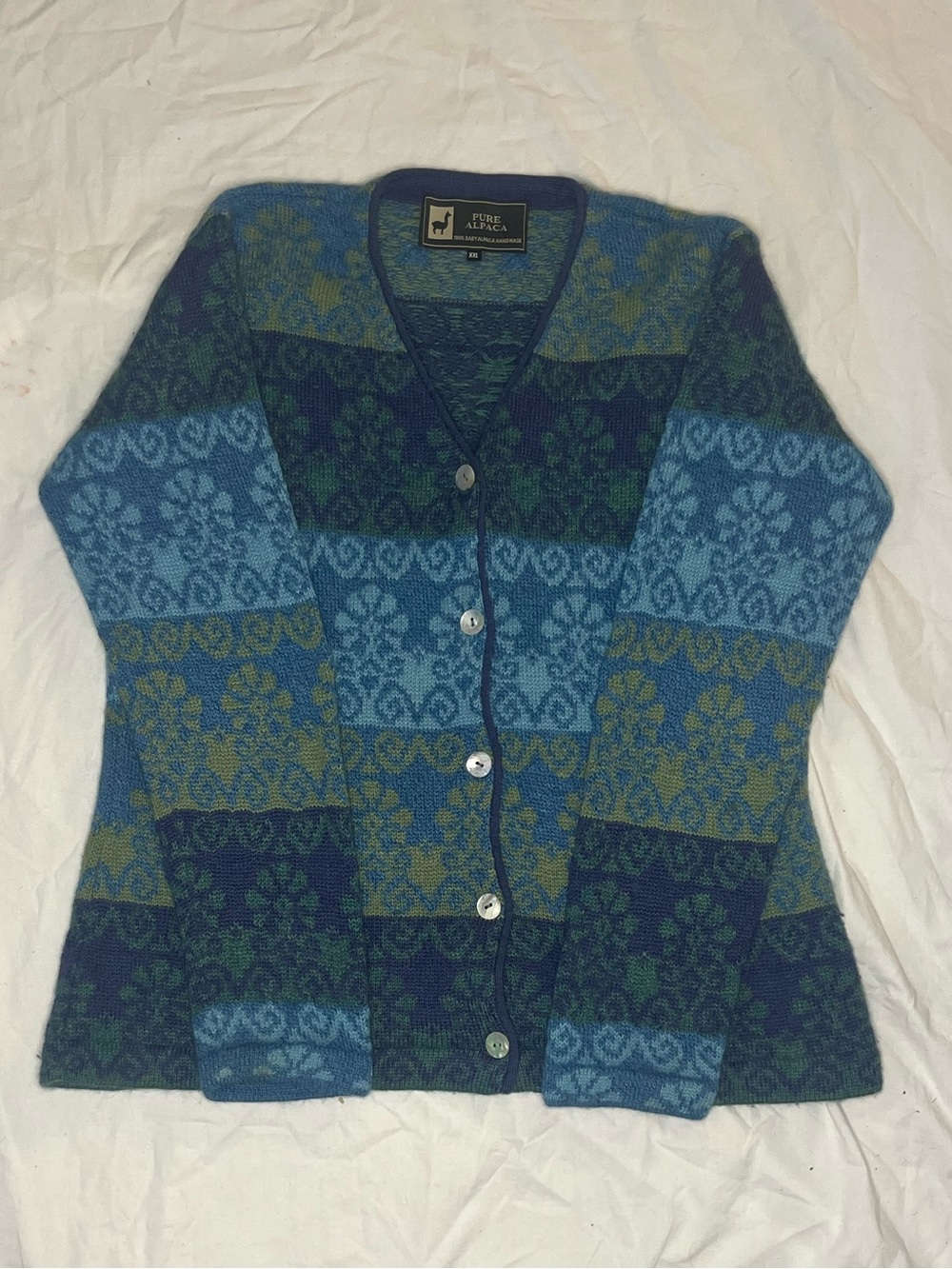 Pure Alpaca Blue, Green & Navy Patterned Alpaca Blend Button-Front Cardigan